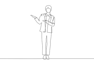 Continuous line art a young man in a suit points with two hands to an invisible object on the top right in front of him. It can be used for animation. Vector
