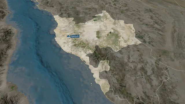 Makkah - region of Saudi Arabia with its capital zoomed on the satellite map of the globe. Animation 3D