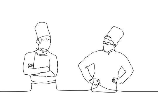 continuous line art drawing silhouette of two male chefs in caps standing and looking opposite each other.The concept of versus, the rivalry of different folk cuisines,the confrontation of two masters