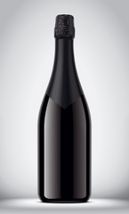 Glass black bottle on gray background