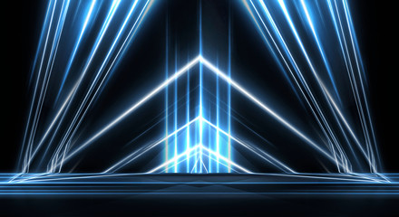 Abstract light tunnel, blue background, stage, portal with rays, neon lights and spotlights. Dark empty scene with neon. Symmetric reflection, perspective. 3D rendering.