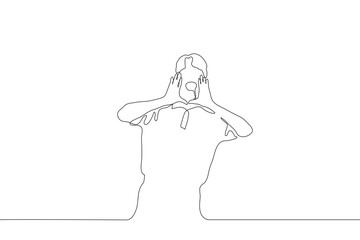 A continuous line drawing of a young man holding his hands near his face and his mouth wide open. Attraction of attention, screaming, advertisement, political statement, appeal to the public. Vector