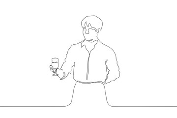 One continuous line drawing. A young attractive man holds a glass with a drink in his right hand, the left is laid behind. Waiter in a shirt and apron. It can be used for animation. Vector