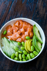 Hawaiian Poke Bowl with Salmon, Edamame, Takuan, Avocado, Cucumber Slices and Rice.