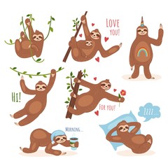 Cute sloth character performing different activities set vector illustration. Smiling and pretty animal relaxing, drinking morning coffee, holding green roots with child. Isolated on white background