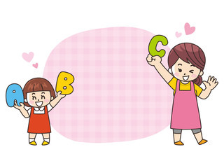 アルファベットを持つ母娘　吹き出し