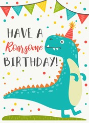 Obraz premium Dinosaur character Happy Birthday greeting card vector illustration. Invitation decorated by confetti and funny animal in festive hat. Holiday postcard with cute monster
