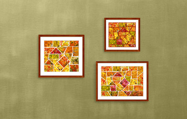 Three frames set with abstract design photo mosaic, made up of colorful autumn pictures collage on dark green textured wall