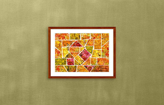 Frame with abstract design photo mosaic, made up of colorful autumn pictures collage on dark green textured wall