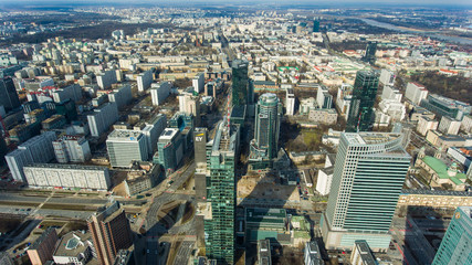 Fototapeta premium Warsaw. Poland skyscrapers from above. 19. May. 2019. Incredible views of modern skyscrapers and buildings in the business center of Warsaw. Futuristic skyline.
