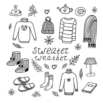 clothing and comfort in a cold weather set. Hand drawn elements in doodle style.