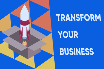 Text sign showing Transform Your Business. Business photo text Modify energy on innovation and sustainable growth Fire launching rocket carton box. Starting up project. Fuel inspiration