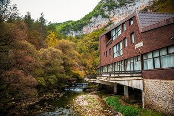 Fototapeta premium Ruined and abandoned resort in Bastasica near the Drvar in Bosnia and Herzegovina