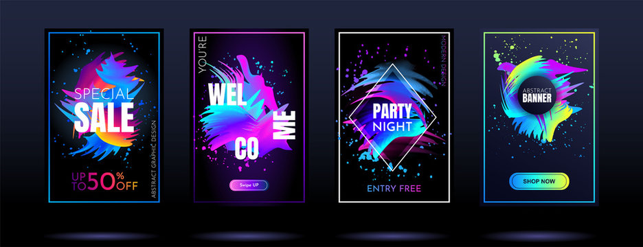 Vector banners. Modern art design. Element for design business cards, invitations, gift cards, flyers and brochures. Gradient 3d brush. Party dance banners. Color paint splash. Neon light on dark 