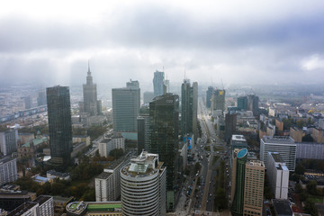 Warsaw skyline with city skyscrapers on a foggy morning. Poland. 05. October. 2019. Aerial view of the cityscape with skyscrapers and buildings in the business center of Warsaw blue sky and clouds.