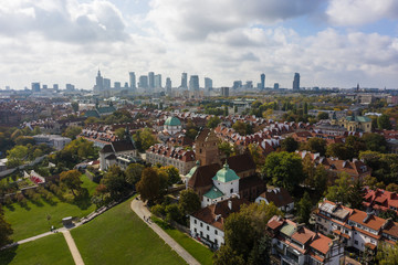 Aerial view of the cityscape of the old city in Warsaw, Poland. Flight of the drone over the old part of the city. 