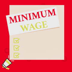 Conceptual hand writing showing Minimum Wage. Concept meaning the lowest wage permitted by law or by a special agreement Speaking trumpet on left bottom and paper to rectangle background