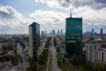Fototapeta na wymiar Amazing panorama view of Warsaw skyline and skyscraper. Poland. 19. May. 2019. Beautiful daytime view in the center with modern skyscrapers and buildings.