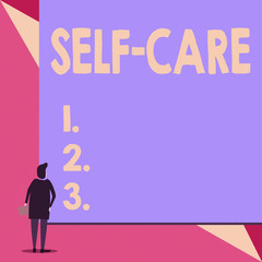 Handwriting text Self Care. Conceptual photo the practice of taking action to improve one s is own health Back view young woman watching blank big rectangle. Geometrical background