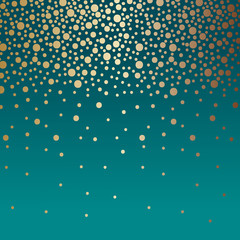 Snowing gold polka dots design on turquoise background color, vector illustration