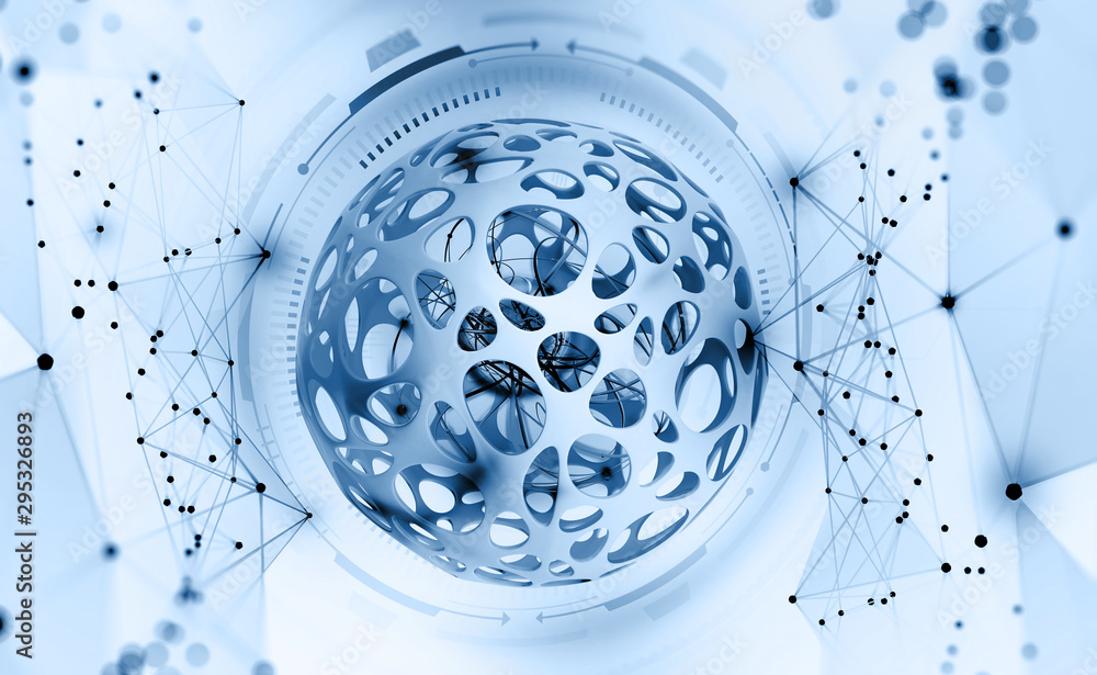 Poster Digital mind. Work on creation of artificial intelligence. Wireless network technology. 3D illustration of an innovative processor in global cyberspace of future