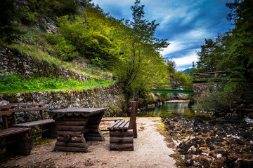 Fototapeta na wymiar Ruined and abandoned resort in Bastasica near the Drvar in Bosnia and Herzegovina