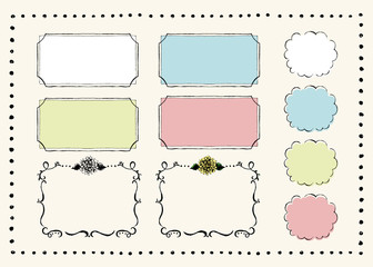 ドット、植物、直線、もくもくした円形や四角のフレーム素材のセット