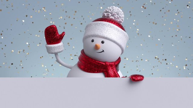 3d snowman waving hand, looking out the wall, holding blank banner. Gold confetti falling. Happy New Year. Merry Christmas animated greeting card, copy space. Winter holiday background. 1920x1080 hd