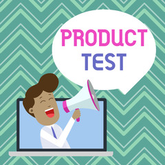 Text sign showing Product Test. Business photo text process of measuring the properties or perforanalysisce of products Man Speaking Through Laptop into Loudhailer Blank Speech Bubble Announce