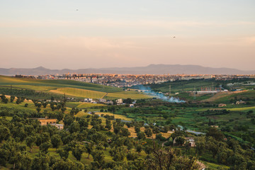 Panoramic scenic view of the city of Medina Fes in Morocco at sunset