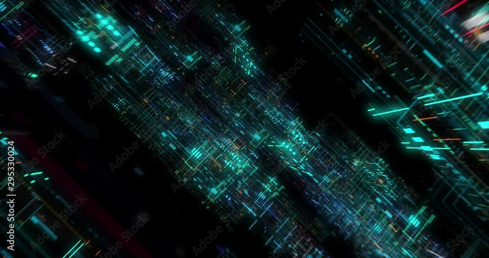 Poster seamless loop of abstract matrix hologram digital data flow. fly through time and space, warp throug