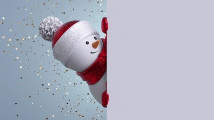 3d snowman looking out the corner, holding blank banner, blinking and smiling. Gold confetti falling. Happy New Year. Merry Christmas animated greeting card. Winter holiday background. 1920x1080 hd - Powered by Adobe
