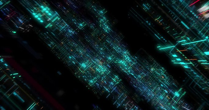 Seamless loop of abstract matrix hologram digital data flow. fly through time and space, warp through science fiction binary code particles network. Science and Technology concept. 3D render