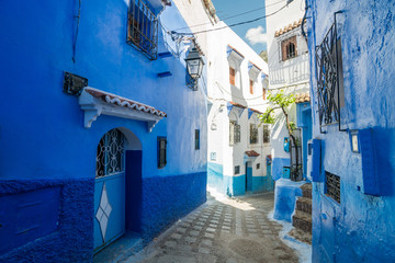 View of the narrow streets of the Chefchaouen city in Morocco, known as the blue city
