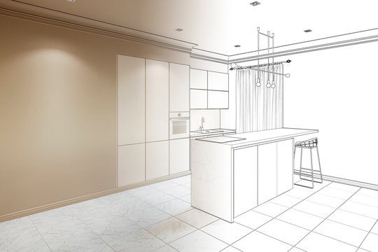 Sketch of a modern interior kitchen with breakfast bar and the empty wall became real interior. 3d illustration