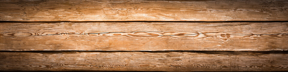 Brown wooden plank floor as panorama background with vignette