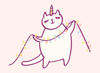 Cute cartoon character cat unicorn doing Christmas preparations, funny vector illustration. T-shirt card print graphic art.
