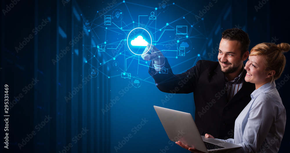 Aufkleber man and woman touching hologram projection displaying cloud system