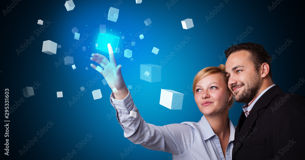 Aufkleber man and woman touching hologram screen displaying cube symbols