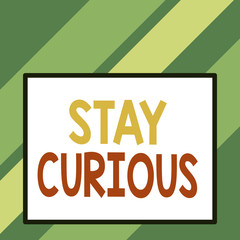 Text sign showing Stay Curious. Business photo text attention through being inexplicable or highly unusual Front close up view big blank rectangle abstract geometrical background