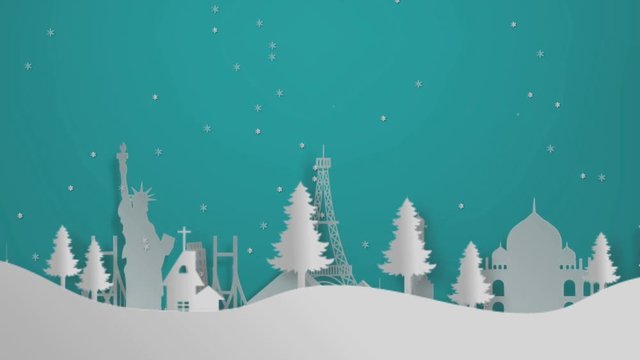 Vdo vector paper cut world landmarks are celebrating the New Year. In the snow is falling.