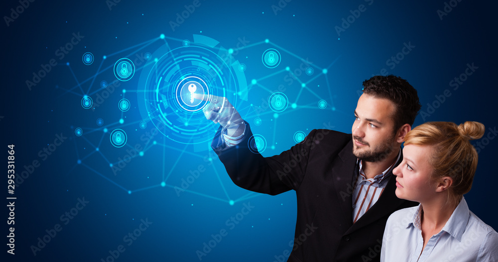 Poster Man touching hologram screen displaying keys and locks