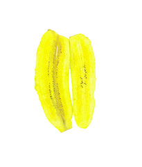 Two banana chips on white background. Tasty fried banana slices