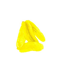 Banana chips on white background. Tasty fried banana slices