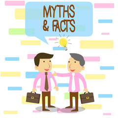 Writing note showing Myths And Facts. Business concept for usually traditional story of ostensibly historical events Two White Businessmen Colleagues with Brief Cases Sharing Idea Solution