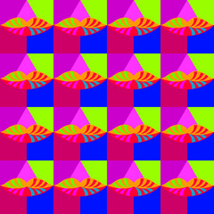 The lips are purple, green, blue. Abstract pattern. Pop art. 