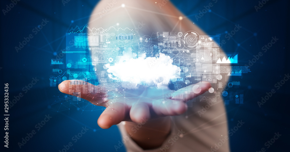 Poster Person holding hologram screen displaying information from cloud based system