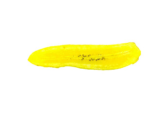 Single banana chip on white background. Tasty fried banana slices