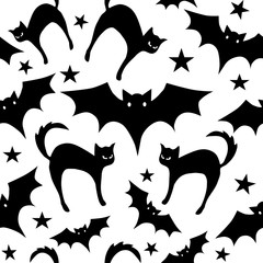 Halloween Seamless Pattern Halloween Bats, Cats on White Vector Repeat Pattern for Textile Design, Fabric Printing, Stationary, Packaging, Wrapping Paper or Background
