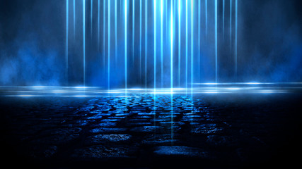 Wet asphalt, reflection of neon lights, a searchlight, smoke. Abstract light in a dark empty street with smoke, smog. Dark background scene of empty street, night view, night city.
